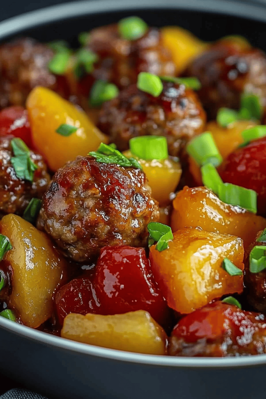 sweet and sour meatballs slice on plate showing perfect texture and swirl pattern