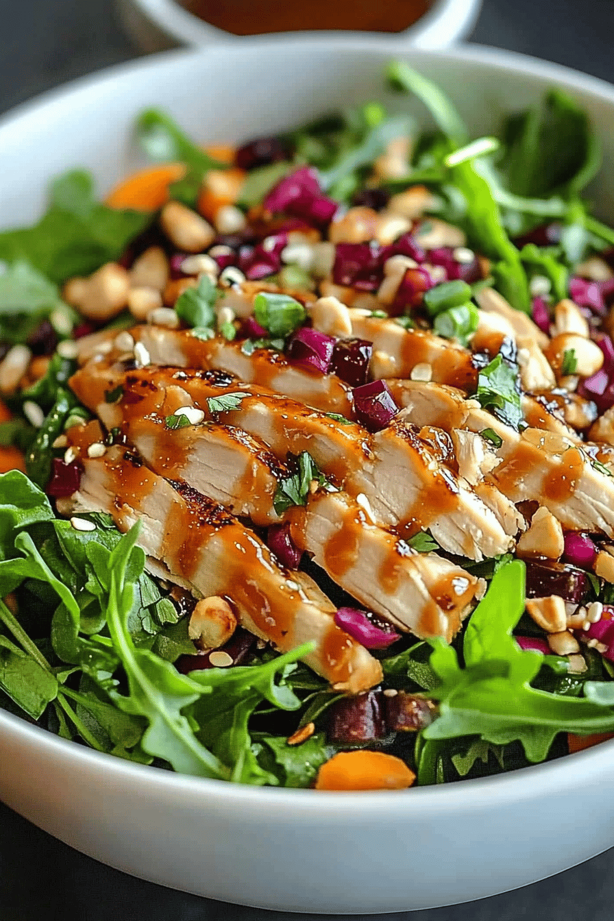 Asian chicken salad slice on plate showing perfect texture and swirl pattern