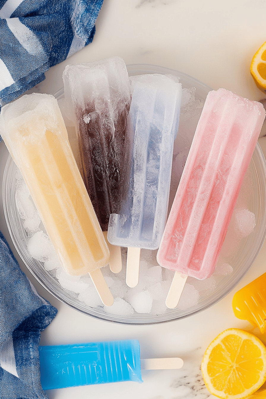 Boozy ice pops ingredients organized and measured on kitchen counter