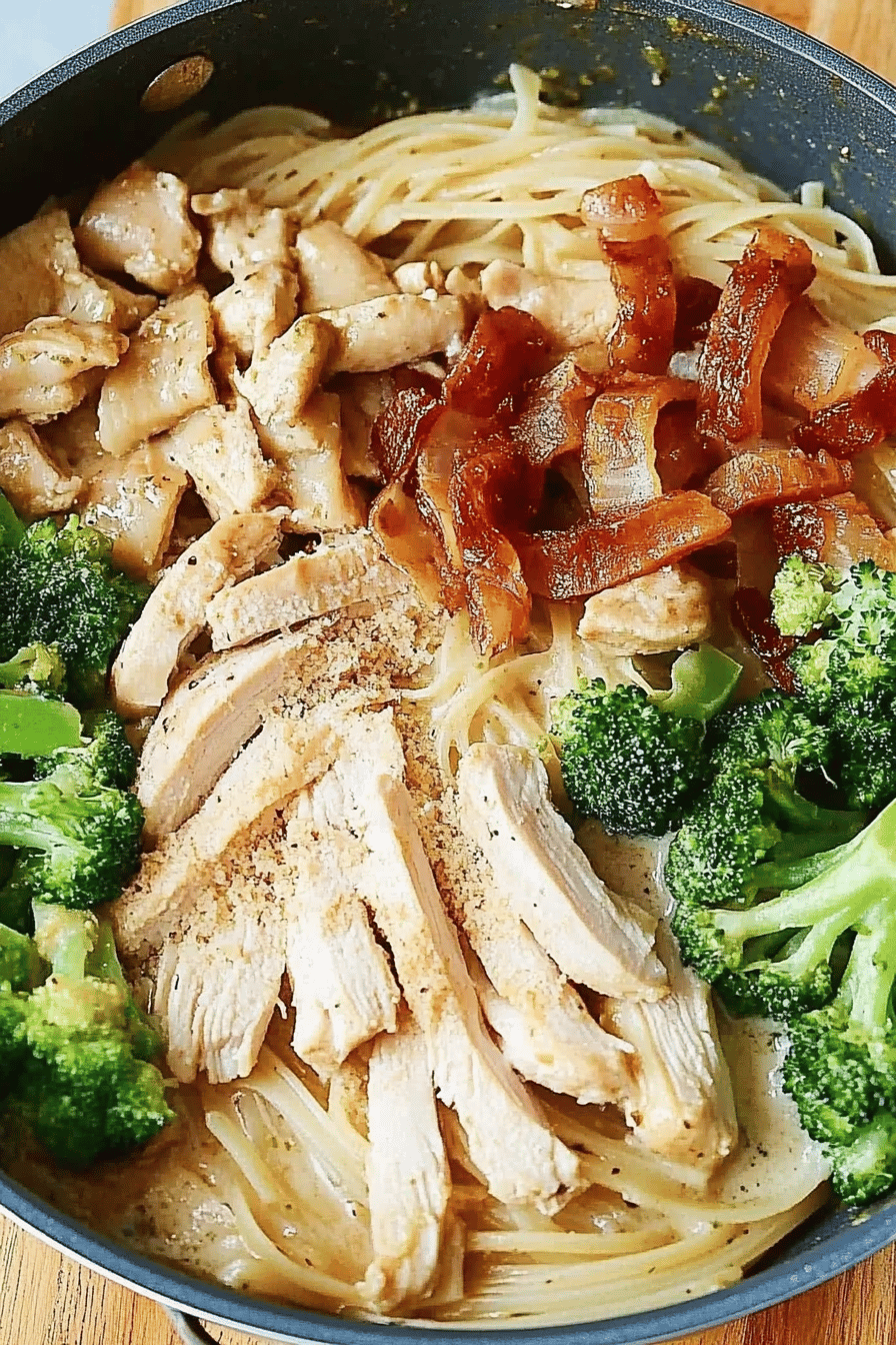 Broccoli chicken pasta ingredients organized and measured on kitchen counter