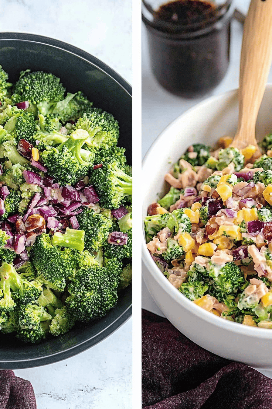 Broccoli salad slice on plate showing perfect texture and swirl pattern