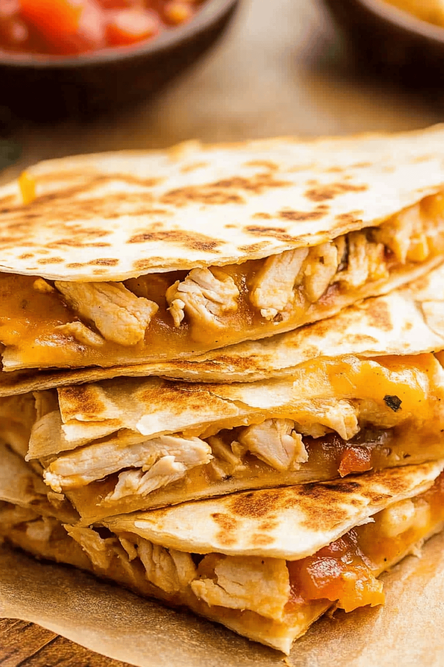 Chicken Quesadilla Recipe slice on plate showing perfect texture and swirl pattern