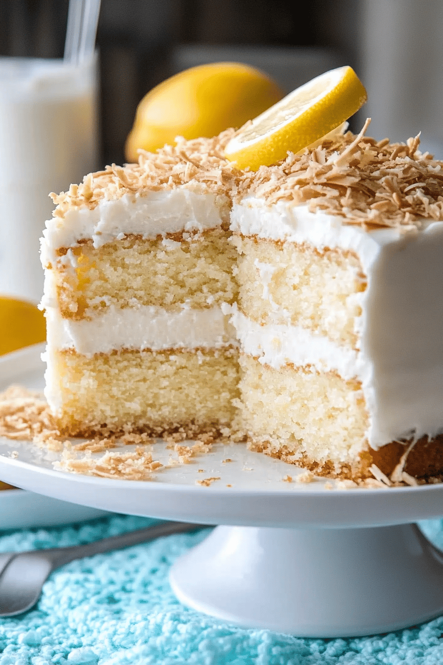 Coconut lemon cake slice on plate showing perfect texture and swirl pattern