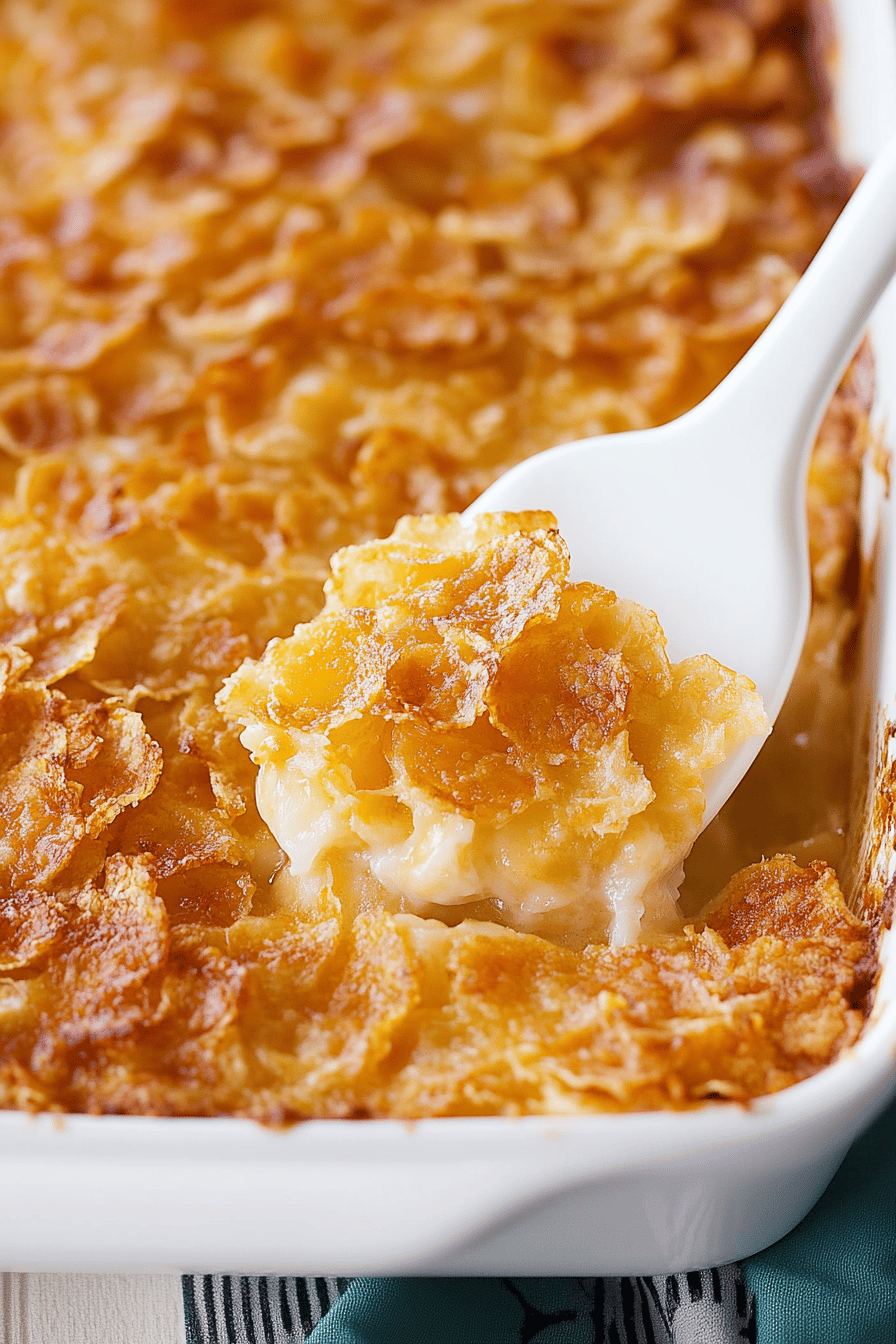 Funeral potatoes slice on plate showing perfect texture and swirl pattern