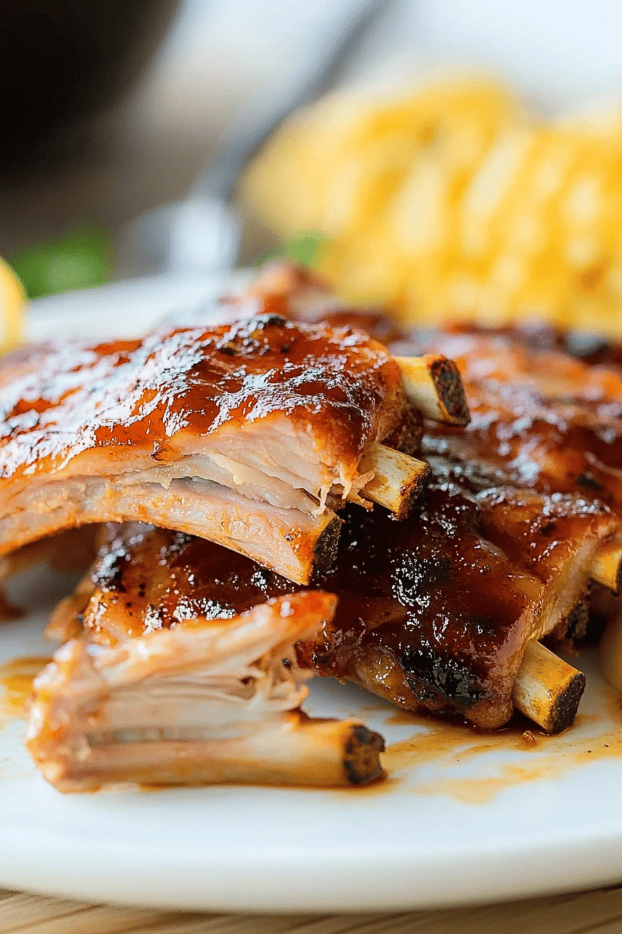 Instant Pot Baby Back Ribs slice on plate showing perfect texture and swirl pattern