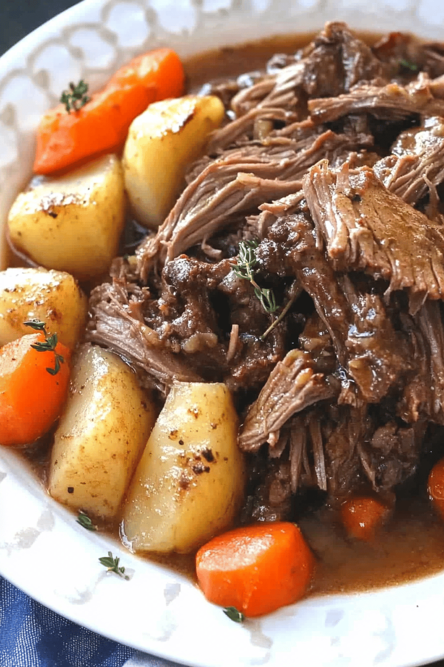 Instant Pot Pot Roast slice on plate showing perfect texture and swirl pattern