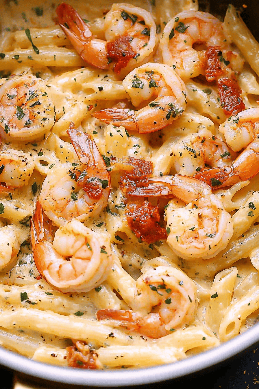 Mozzarella Shrimp Pasta ingredients organized and measured on kitchen counter