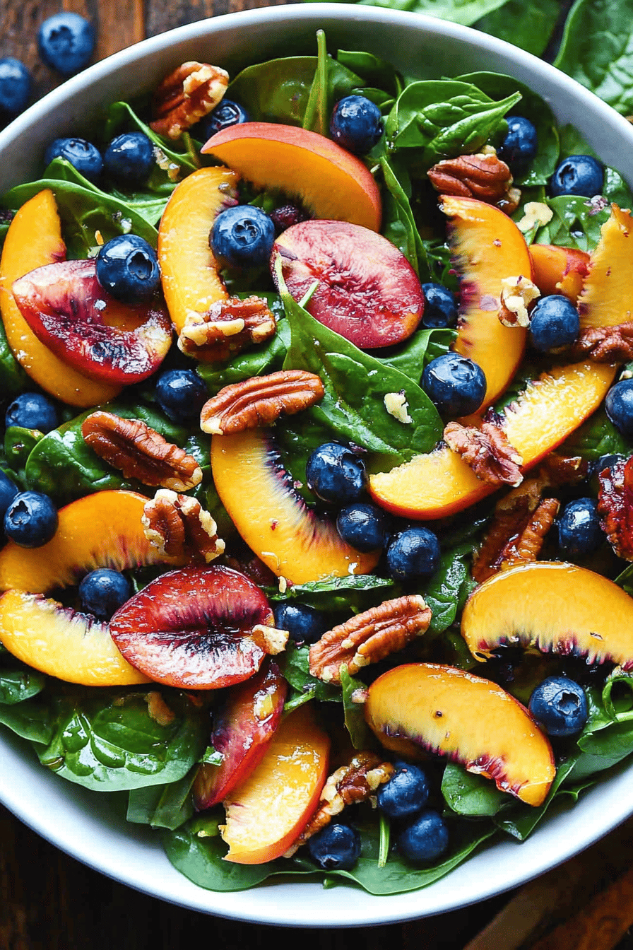 Peach Blueberry Spinach Salad ingredients organized and measured on kitchen counter