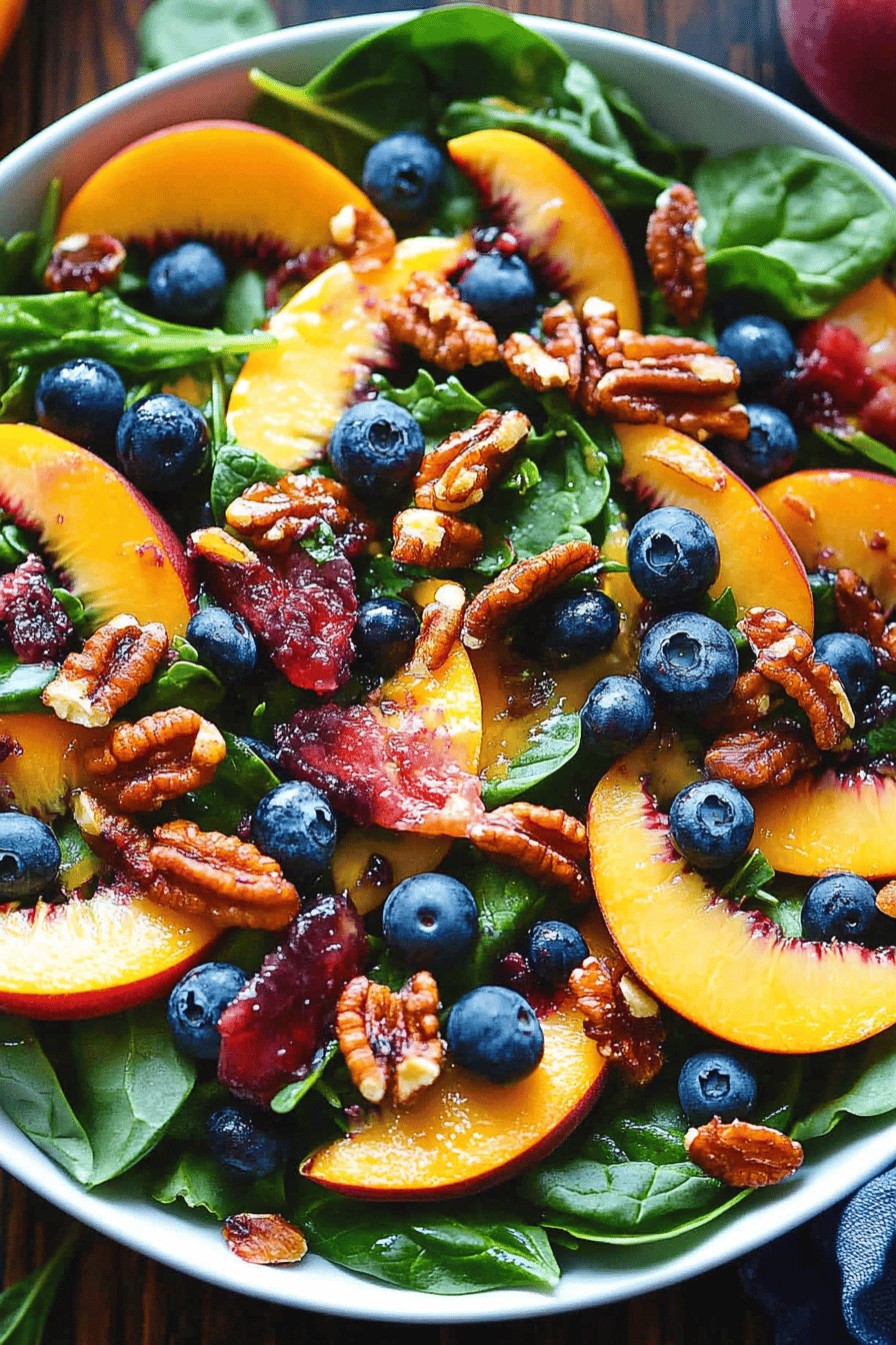 Peach Blueberry Spinach Salad slice on plate showing perfect texture and swirl pattern