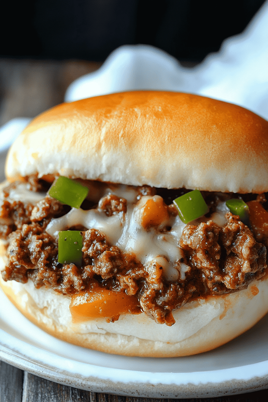 Philly cheese steak sloppy joes ingredients organized and measured on kitchen counter