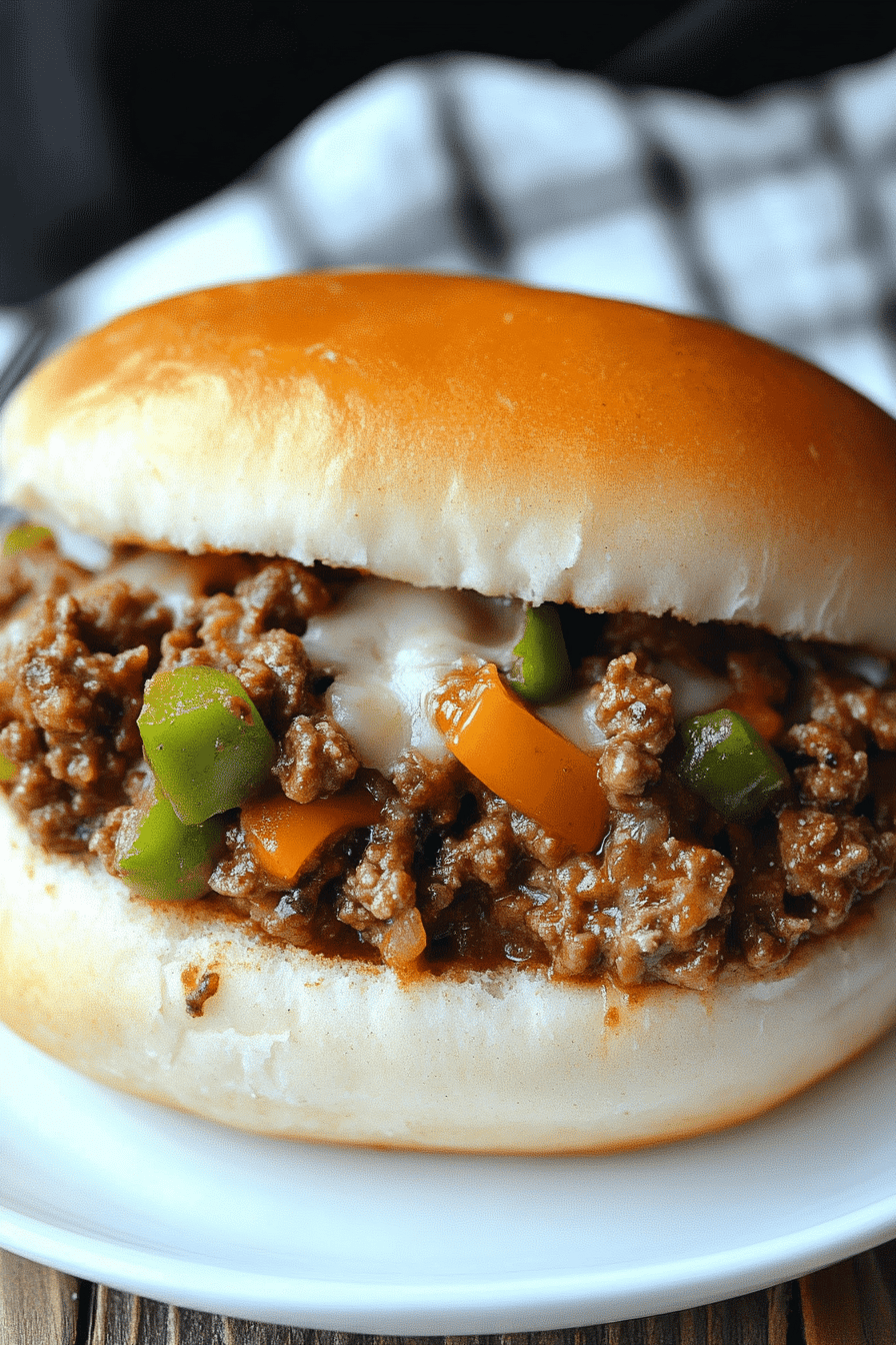 Philly cheese steak sloppy joes slice on plate showing perfect texture and swirl pattern