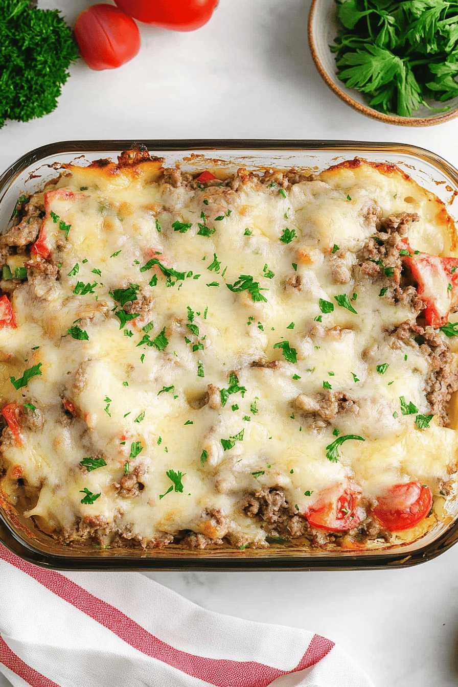 Philly cheesesteak casserole ingredients organized and measured on kitchen counter