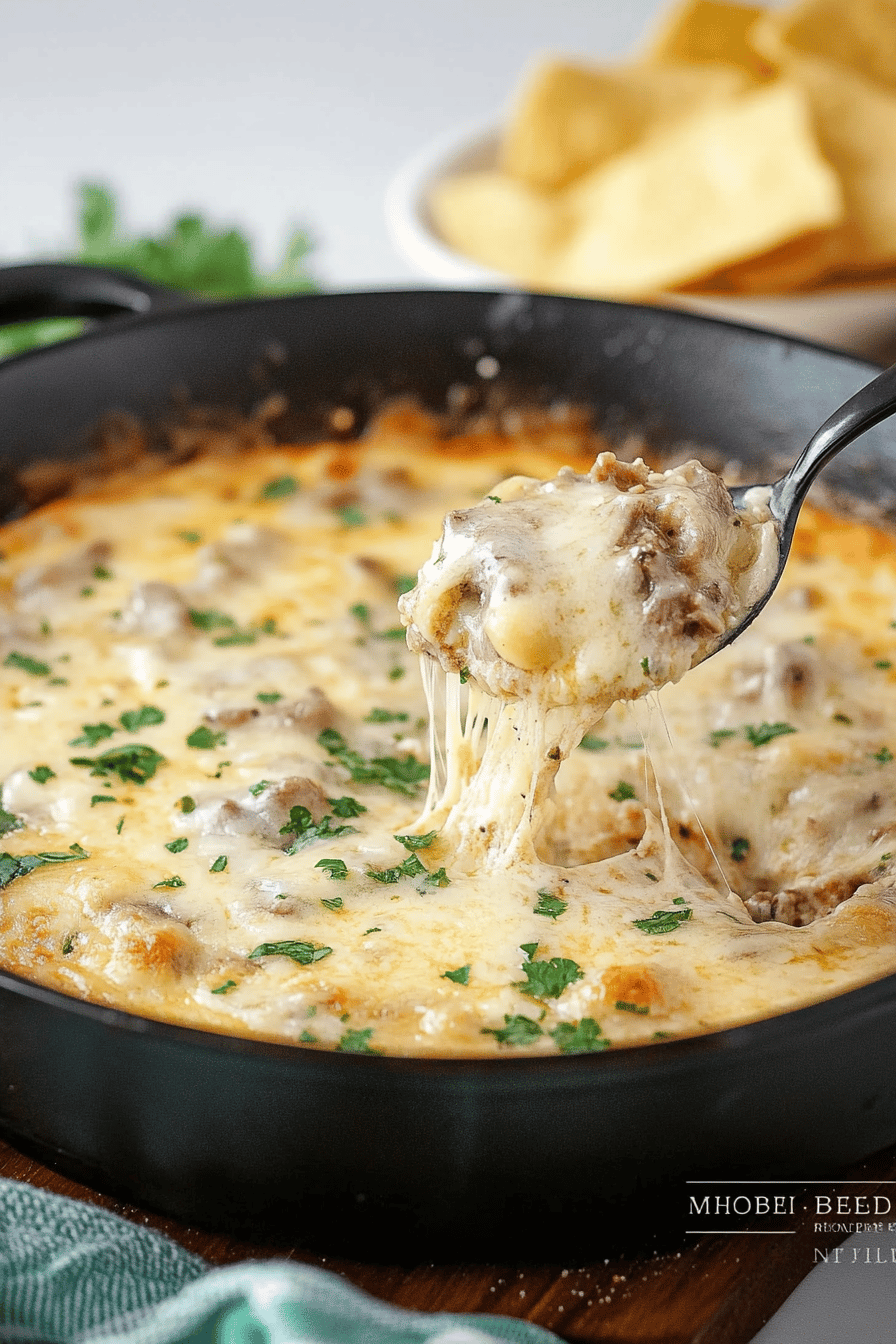 Philly cheesesteak dip ingredients organized and measured on kitchen counter