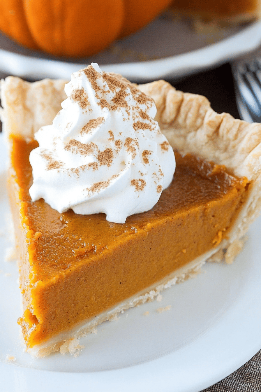 Pumpkin Pie Recipe slice on plate showing perfect texture and swirl pattern