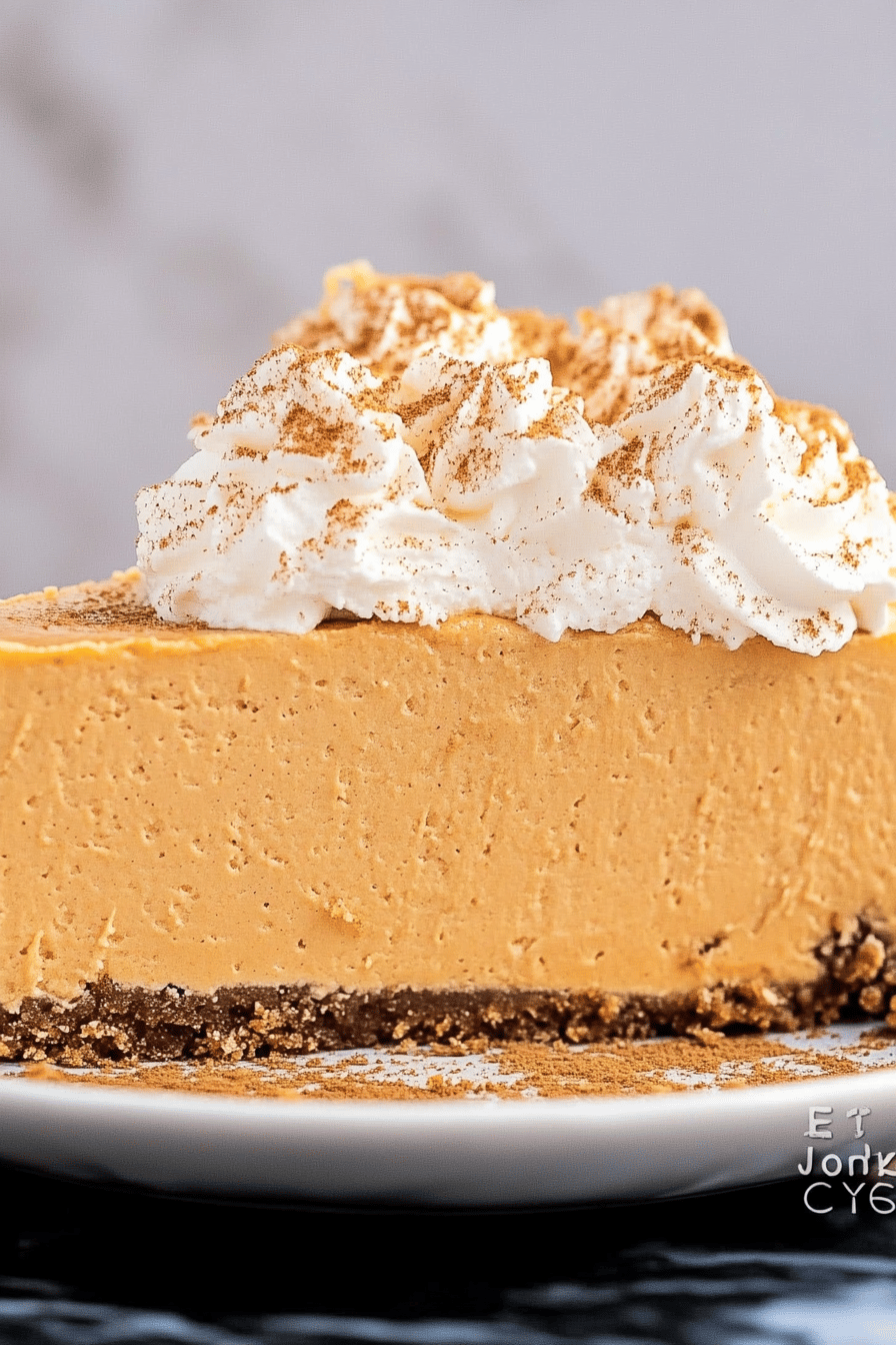 Pumpkin cheesecake slice on plate showing perfect texture and swirl pattern