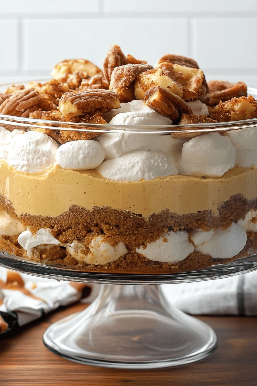Pumpkin trifle slice on plate showing perfect texture and swirl pattern