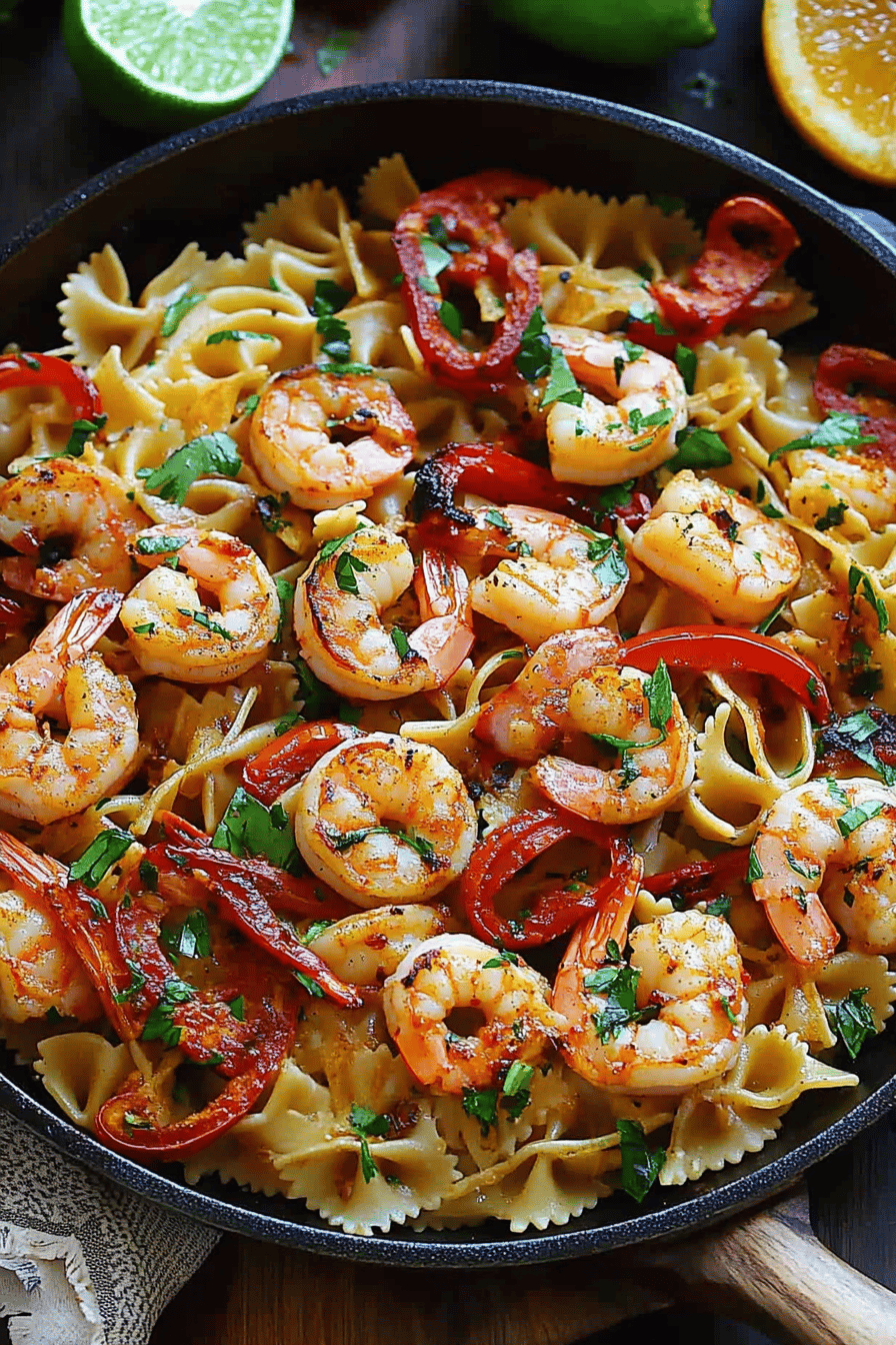 Shrimp pasta ingredients organized and measured on kitchen counter