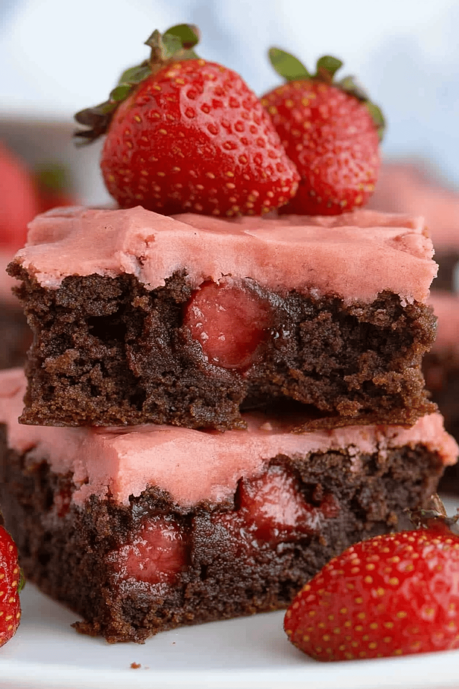 Strawberry Brownies slice on plate showing perfect texture and swirl pattern