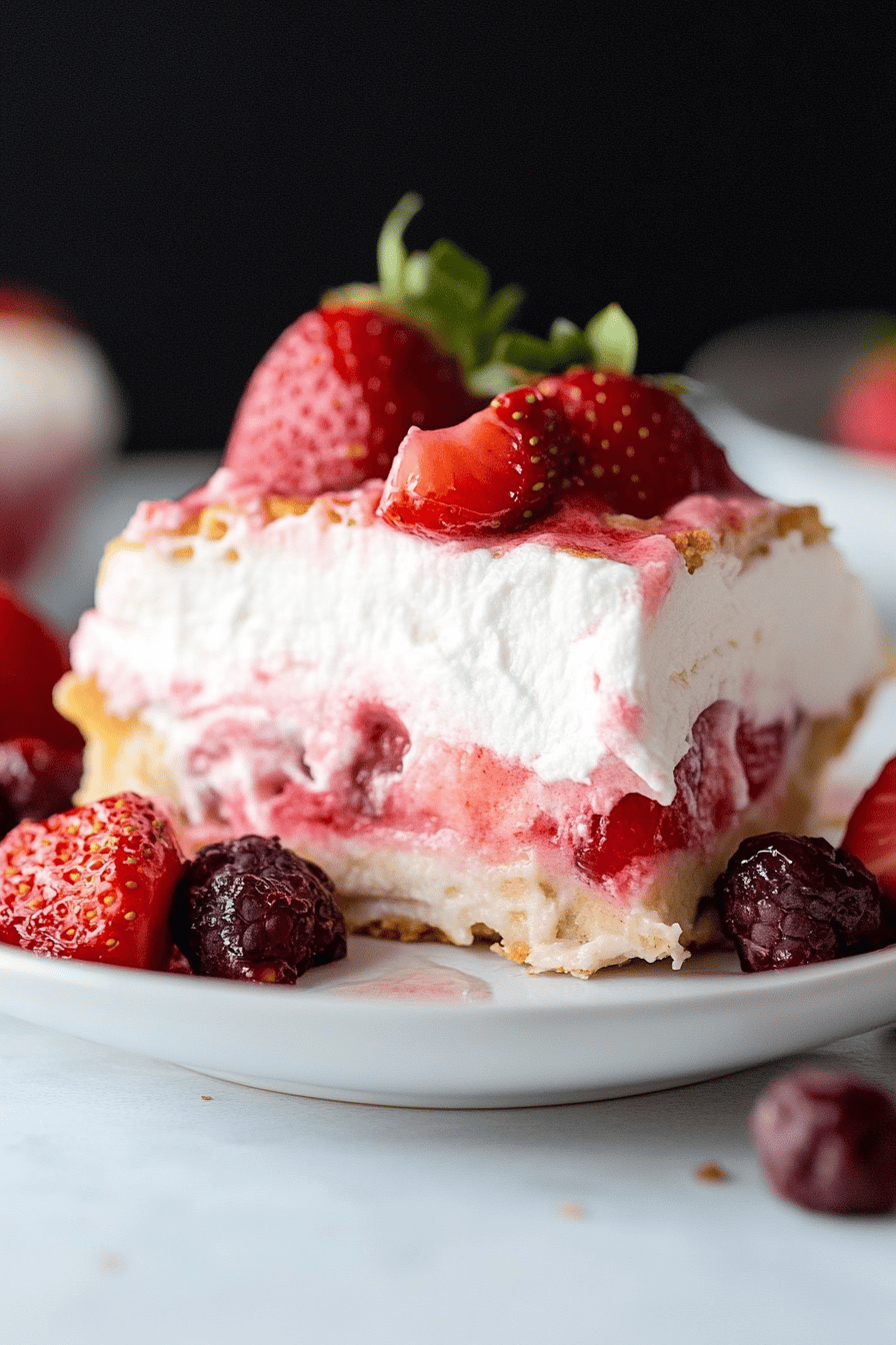 Strawberry lasagna slice on plate showing perfect texture and swirl pattern