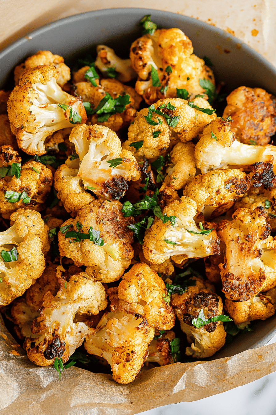air fryer cauliflower slice on plate showing perfect texture and swirl pattern