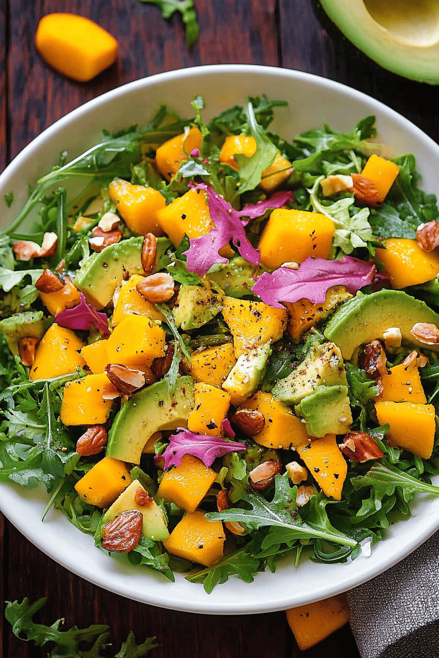 avocado mango salad ingredients organized and measured on kitchen counter
