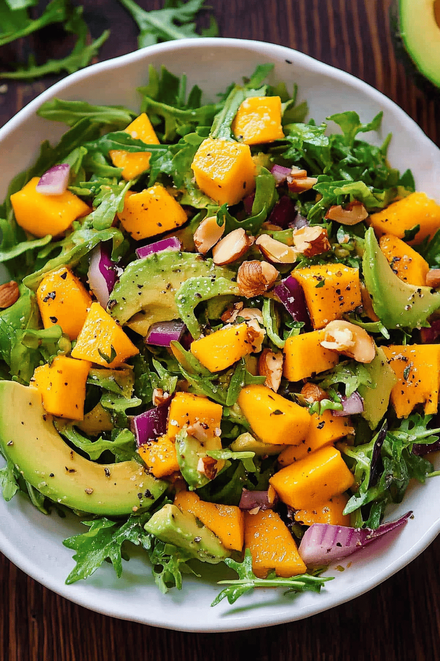 avocado mango salad slice on plate showing perfect texture and swirl pattern