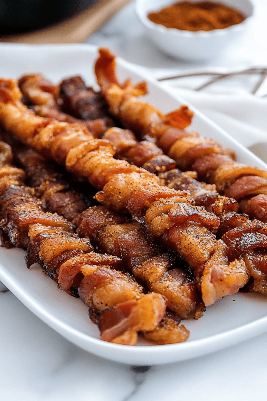 bacon appetizers slice on plate showing perfect texture and swirl pattern