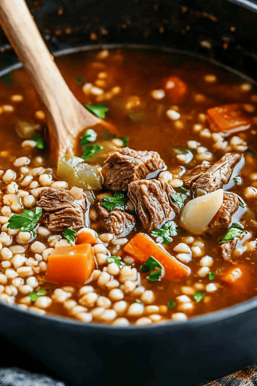 beef barley soup ingredients organized and measured on kitchen counter