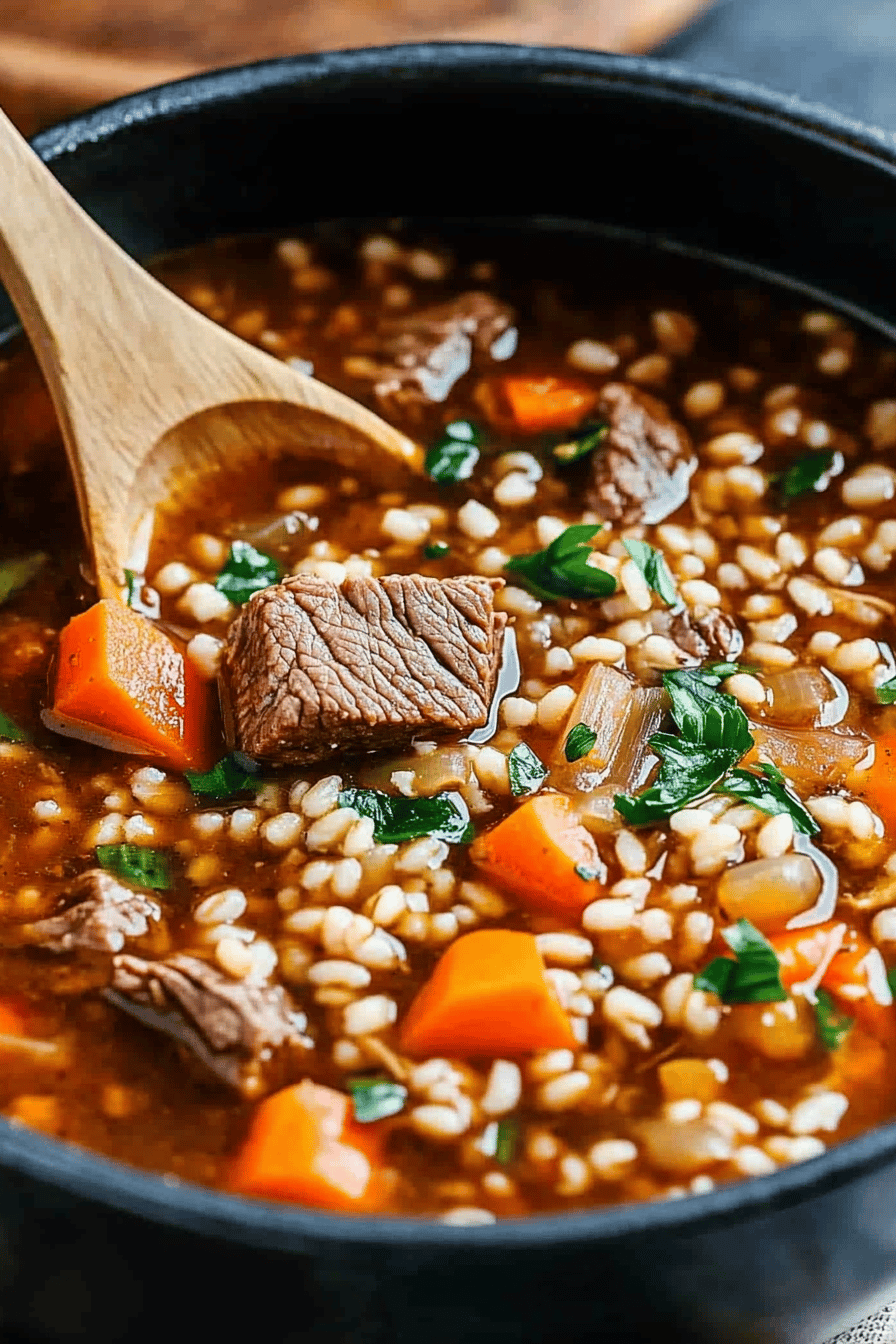 beef barley soup slice on plate showing perfect texture and swirl pattern