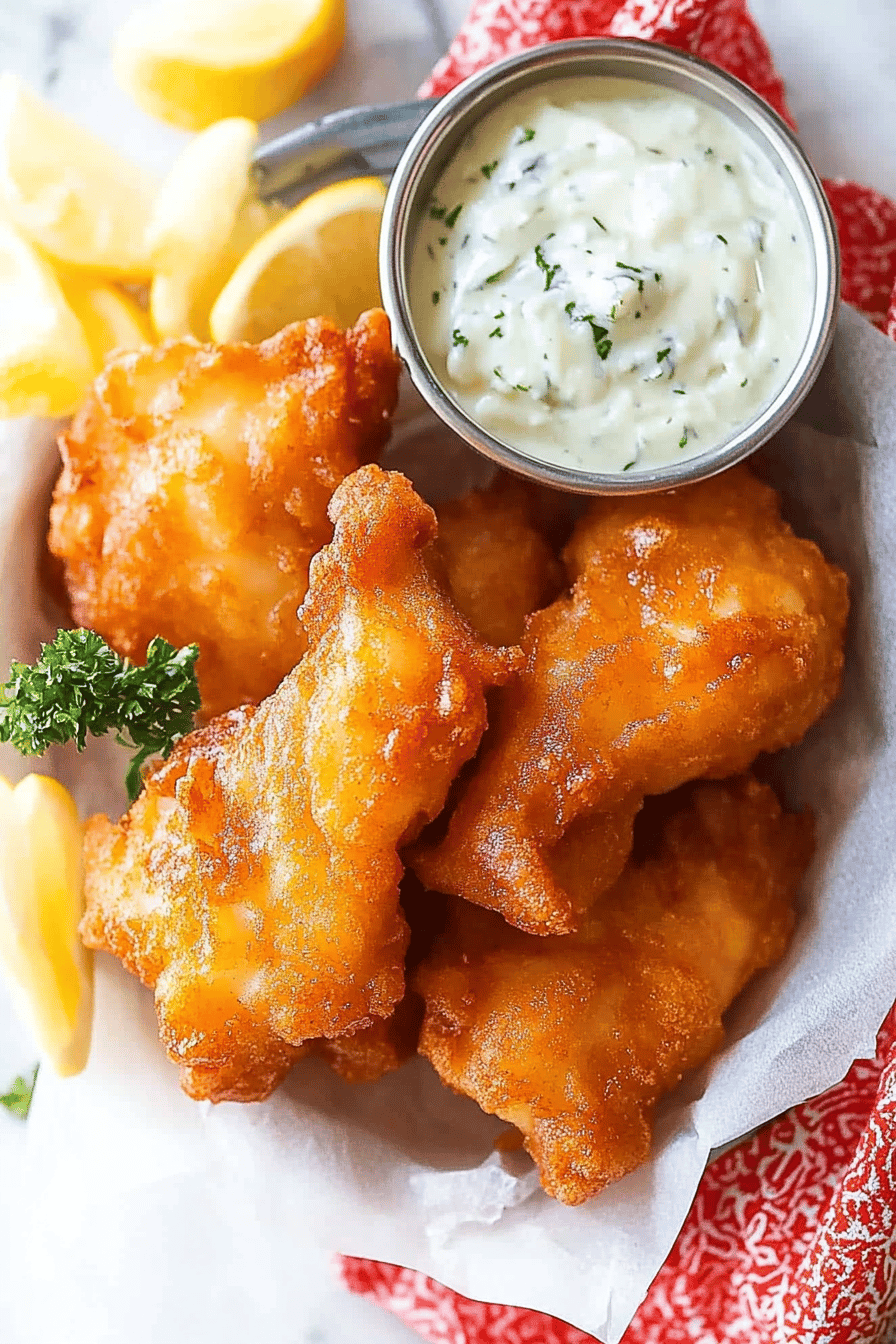 beer battered fish slice on plate showing perfect texture and swirl pattern