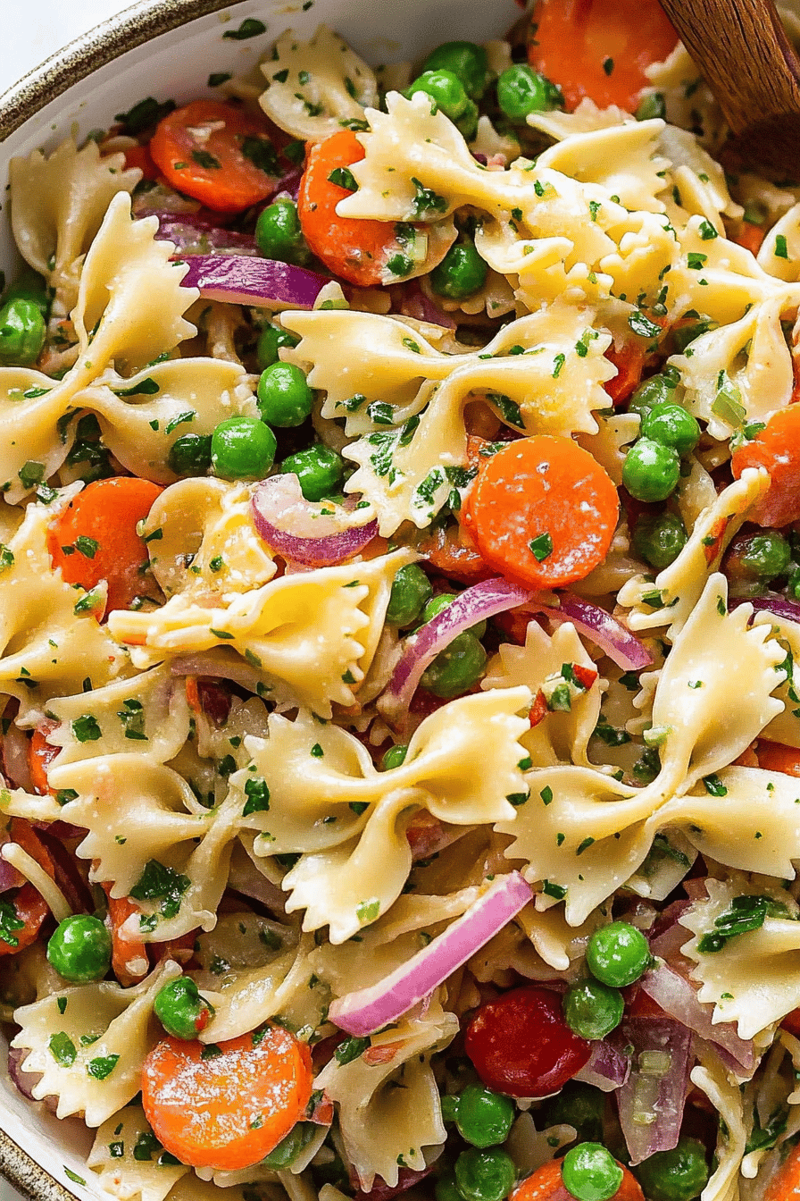 bow tie pasta salad slice on plate showing perfect texture and swirl pattern