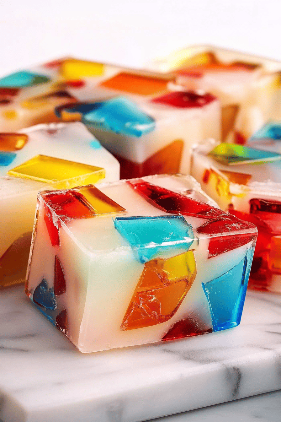 broken glass jello slice on plate showing perfect texture and swirl pattern