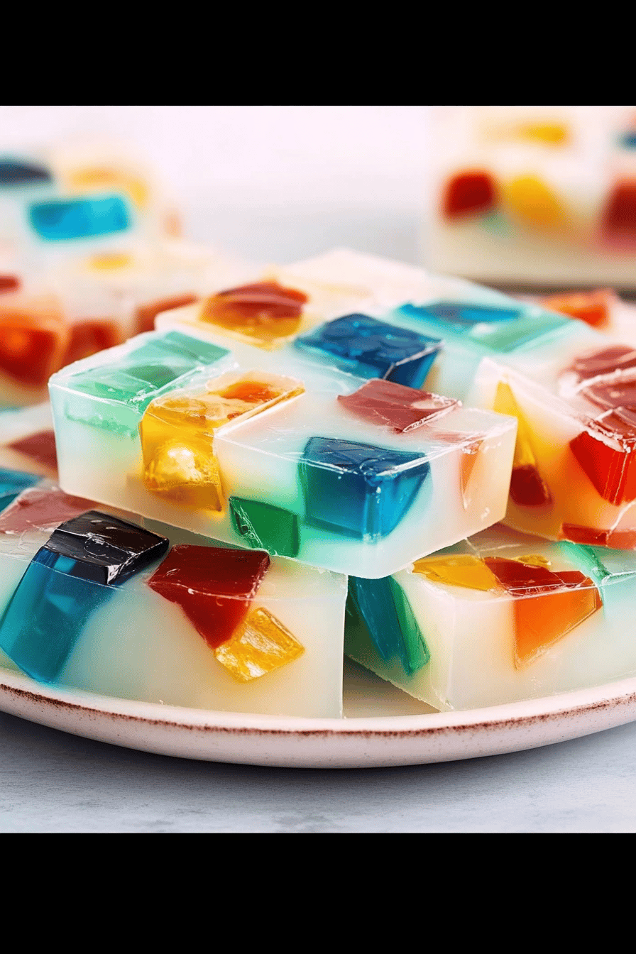 broken glass jello slice on plate showing perfect texture and swirl pattern