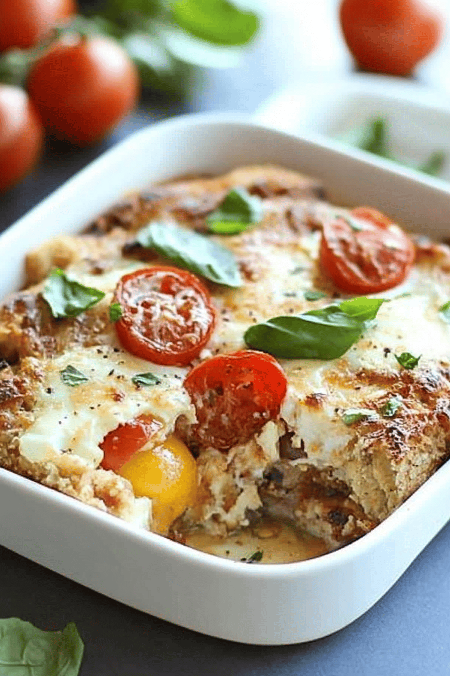 caprese egg bake slice on plate showing perfect texture and swirl pattern