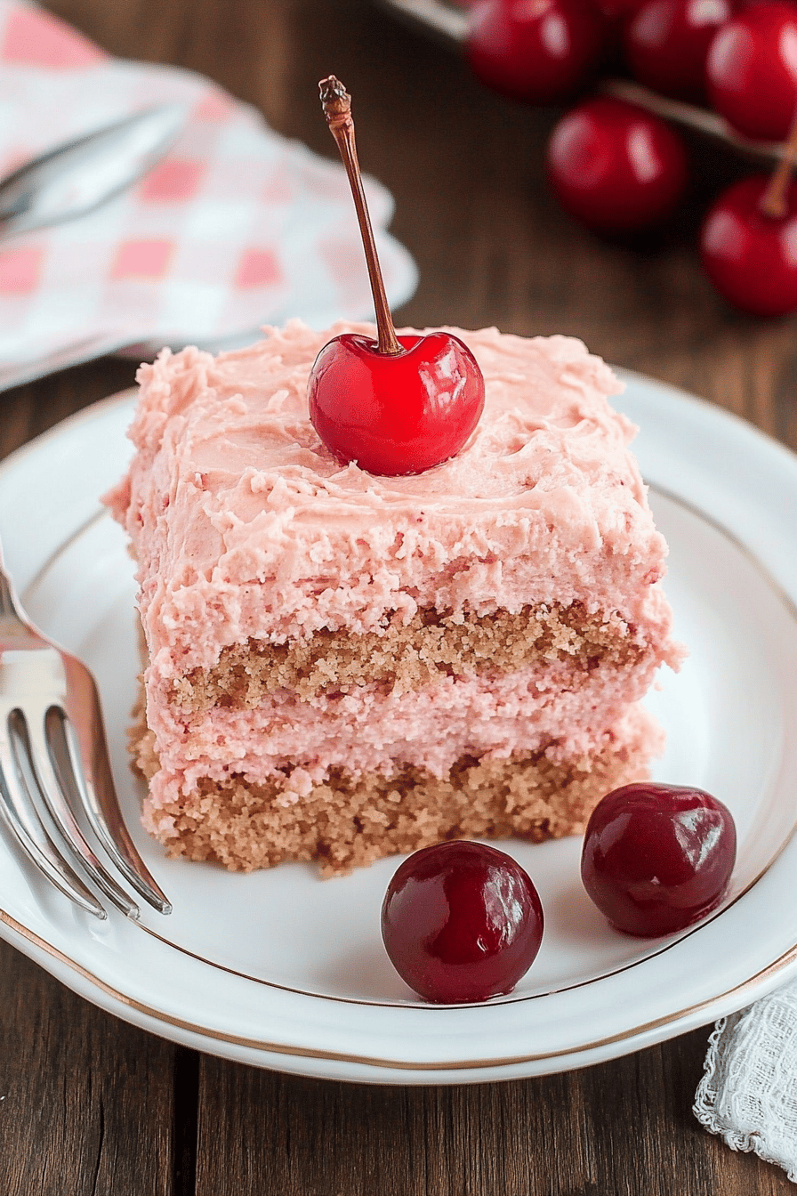 cherry cake slice on plate showing perfect texture and swirl pattern