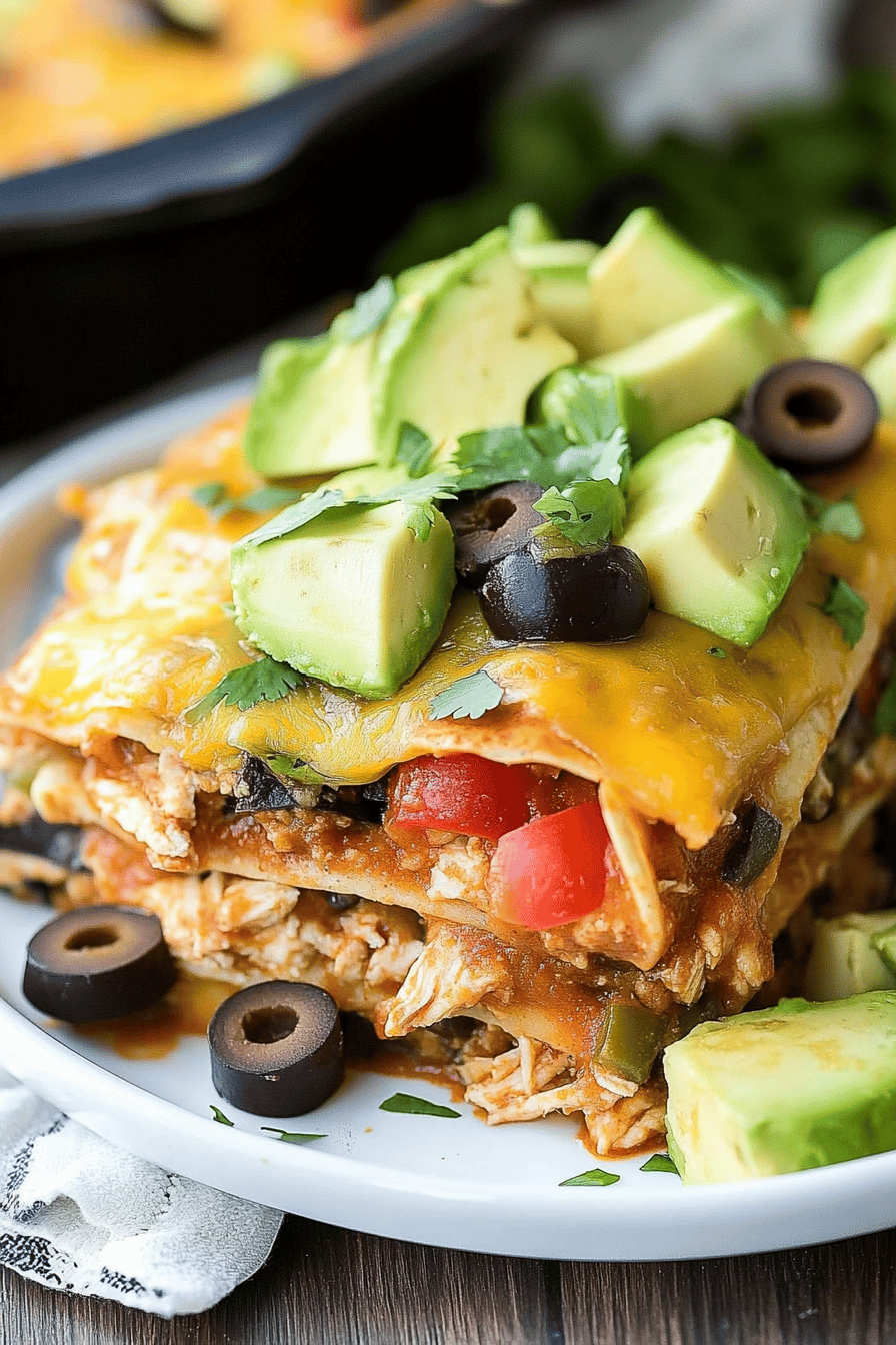 chicken enchilada casserole slice on plate showing perfect texture and swirl pattern