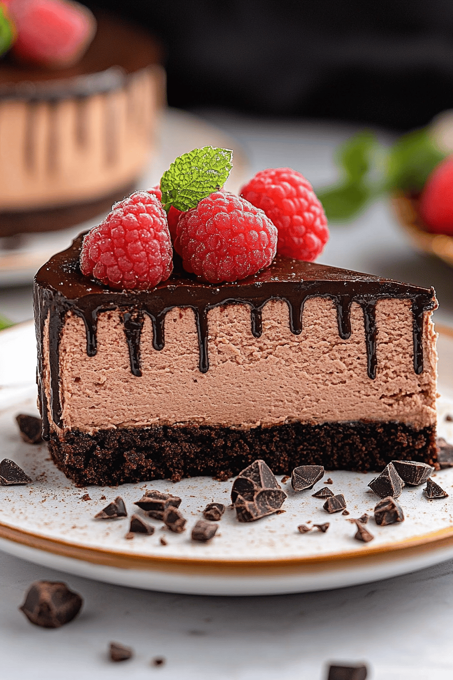 chocolate cheesecake slice on plate showing perfect texture and swirl pattern