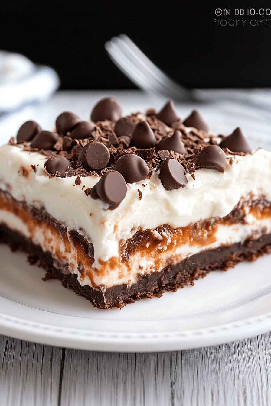 chocolate lasagna slice on plate showing perfect texture and swirl pattern