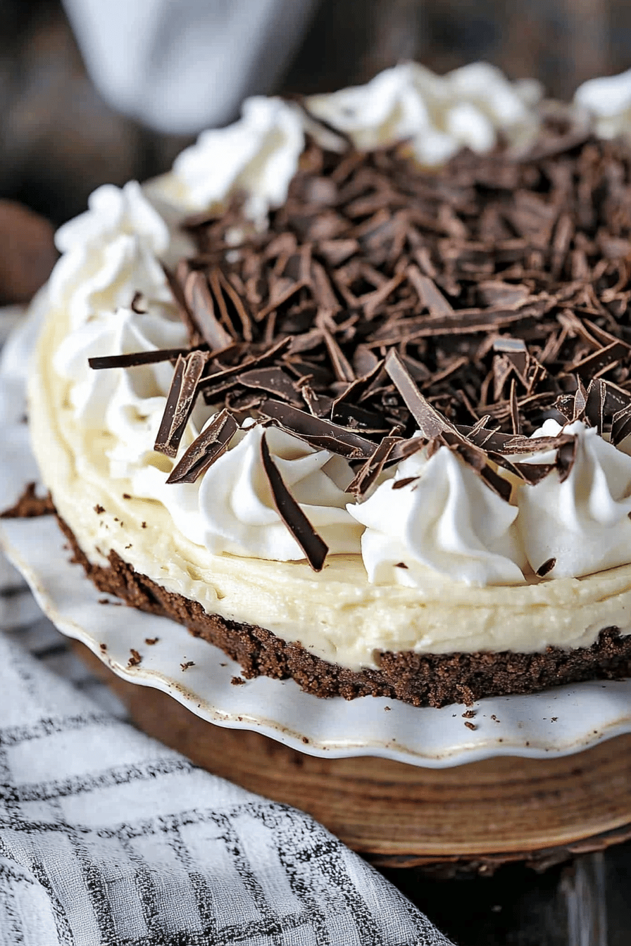 chocolate pudding pie slice on plate showing perfect texture and swirl pattern