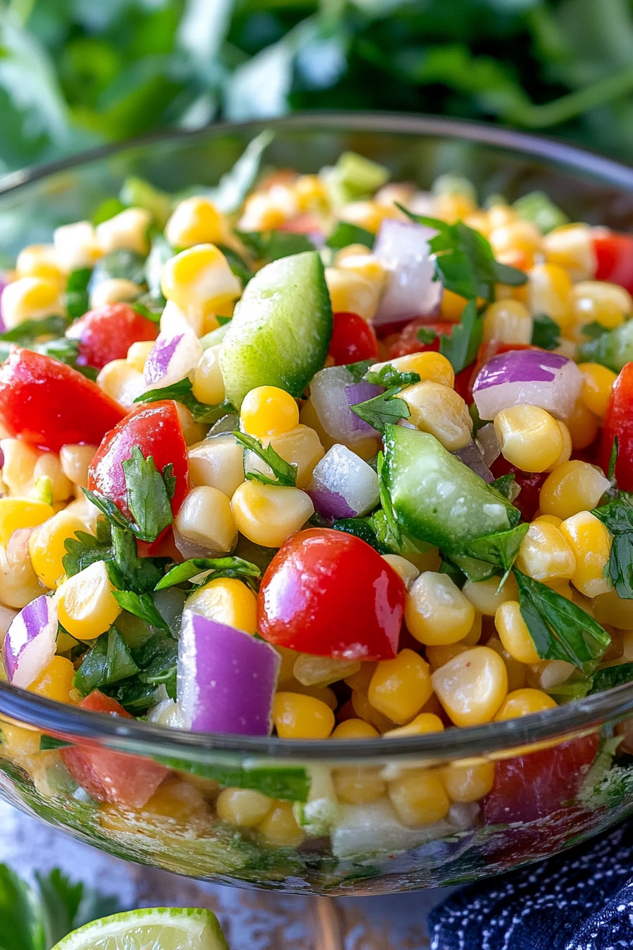 corn salad slice on plate showing perfect texture and swirl pattern