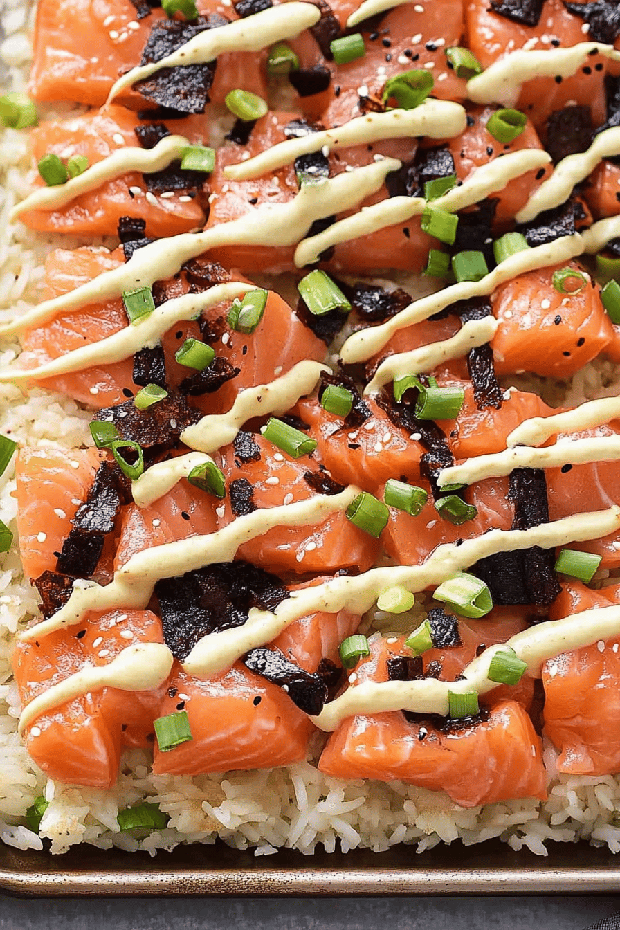 crispy rice salmon slice on plate showing perfect texture and swirl pattern