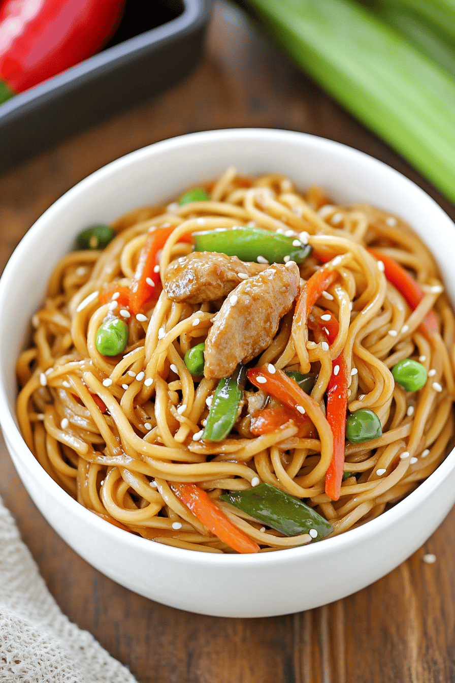 crock pot lo mein slice on plate showing perfect texture and swirl pattern