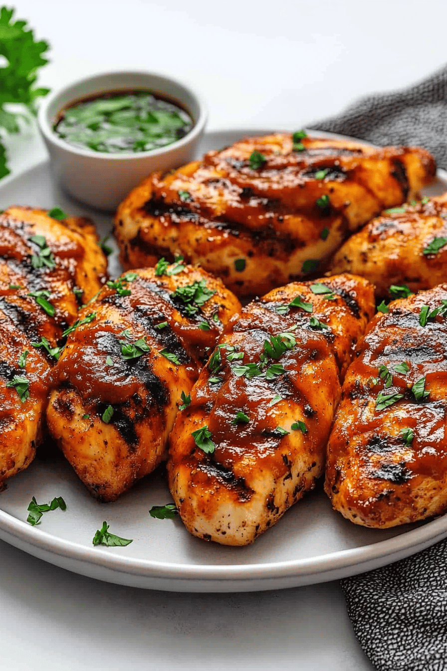grilled bbq chicken slice on plate showing perfect texture and swirl pattern