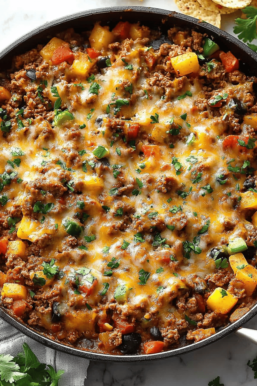 ground beef skillet ingredients organized and measured on kitchen counter