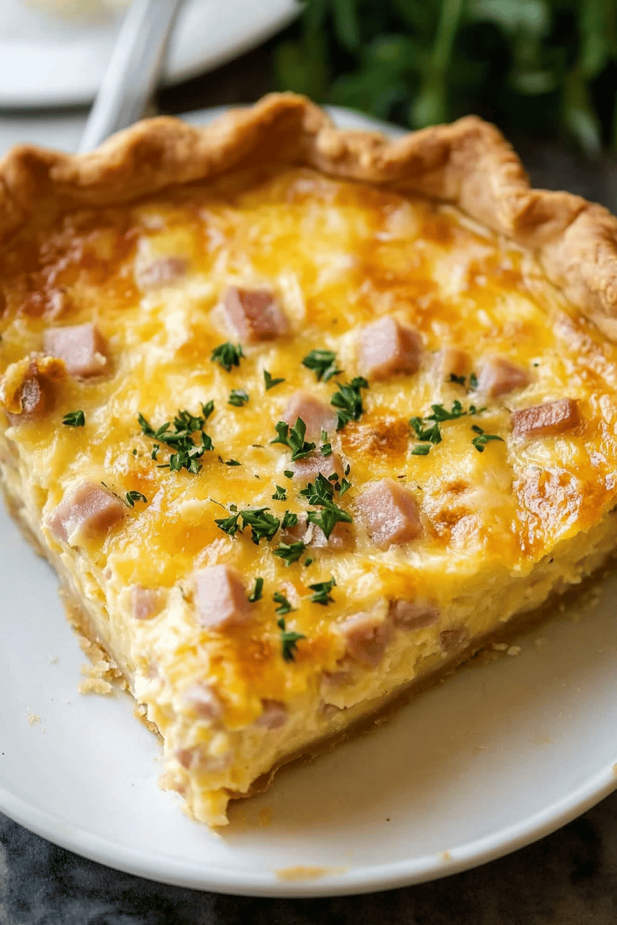 ham cheddar quiche slice on plate showing perfect texture and swirl pattern