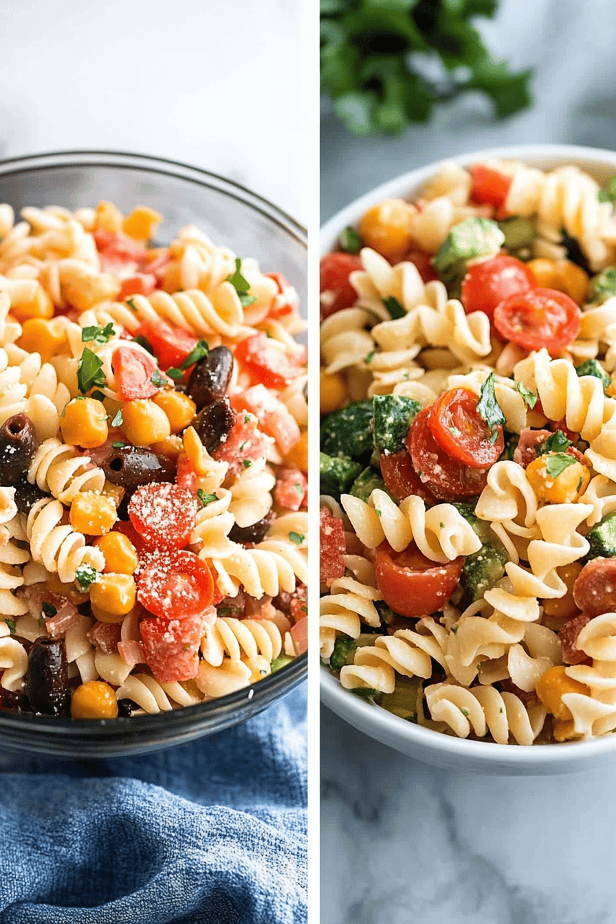 pasta salad ingredients organized and measured on kitchen counter