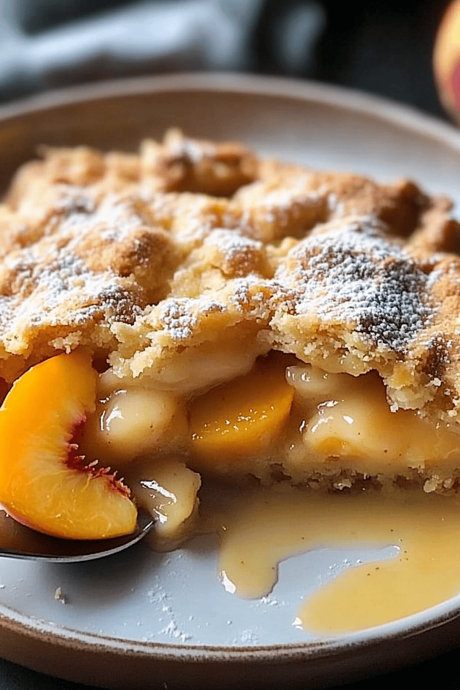 peach cobbler slice on plate showing perfect texture and swirl pattern