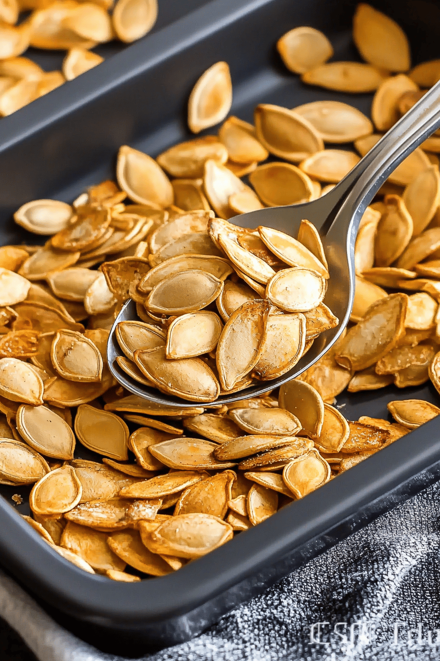roasted pumpkin seeds slice on plate showing perfect texture and swirl pattern
