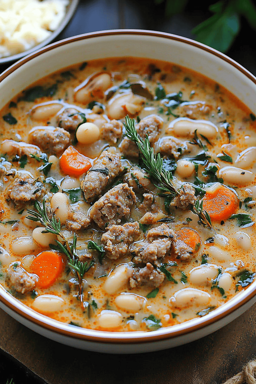 sausage white bean soup slice on plate showing perfect texture and swirl pattern