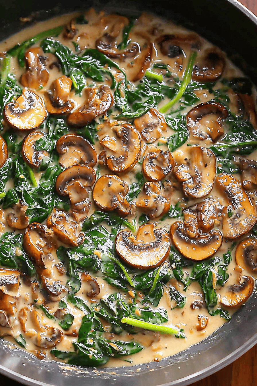 sauteed spinach mushrooms ingredients organized and measured on kitchen counter